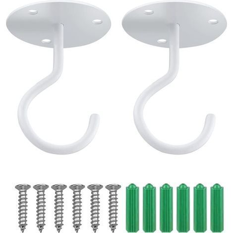 2 Pieces White Wall Mount Ceiling Hooks, Hanging Hooks with Screws and Anchors for Hanging Plants Lanterns Chimes Flower Pots- (1/5)