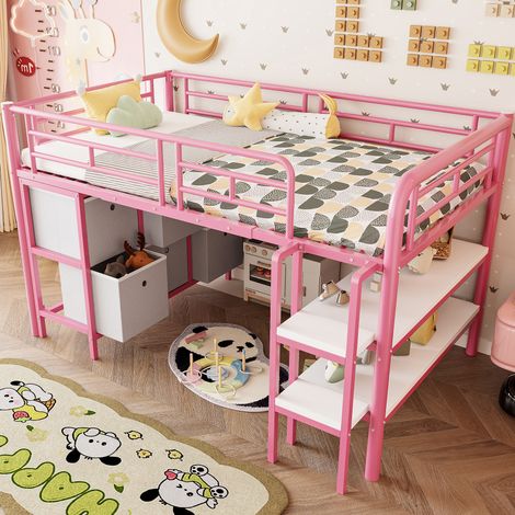 Lit mezzanine enfant 90x200 cm rose en MDF et métal avec rangements intégrés (1/5)