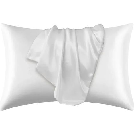 Funda de cojín, mezcla suave de poliéster y algodón, diseño liso, BLANCO, 50 cm x 66 cm (1/2)