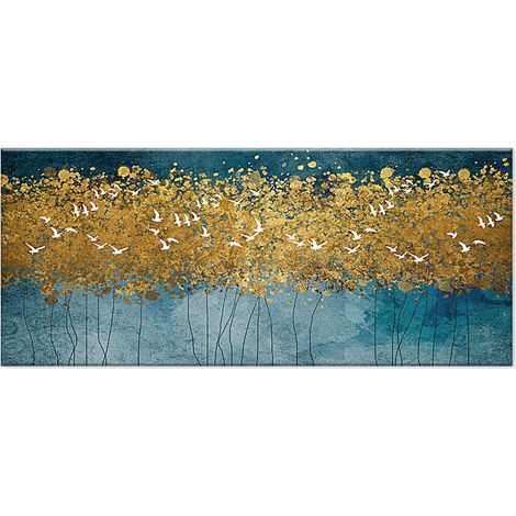 Lupia - Quadro moderno Stampa su Tela Canvas World FLYING TREES 52x122 cm  Arte Moderna con Uccelli in Foresta Astratta Oro e Blu  Telaio in Fibra di Legno Ecologica, Legno (1/4)