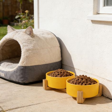 Dog Bowls Ceramic Dog Bowls with Stand, Dog Food Bowl  18cm Dog Bowls with Non‑Slip Bamboo Stand, Dog Food and Water Bowl Set, Double Dog Feeding Bowls for Dogs and Cat (1/5)