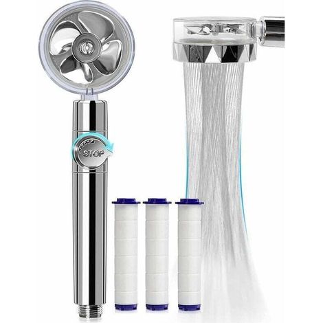 High-pressure water-saving shower, 360-degree rotating propeller hand shower with filter, Turbo Spa shower head with fan and switch (silver) (1/4)