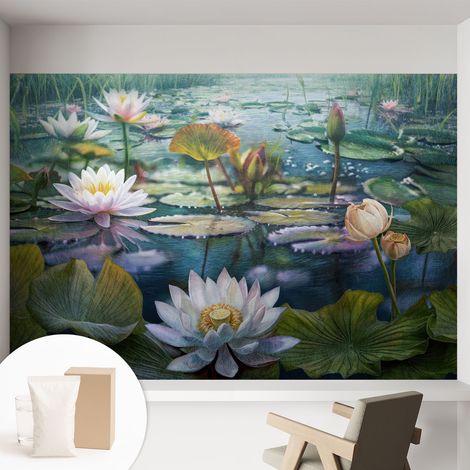 Papier peint intissé décoratif pour salon chambre et cuisine Facile à poser avec colle Fleurs de l'étang 152x104 cm (1/5)