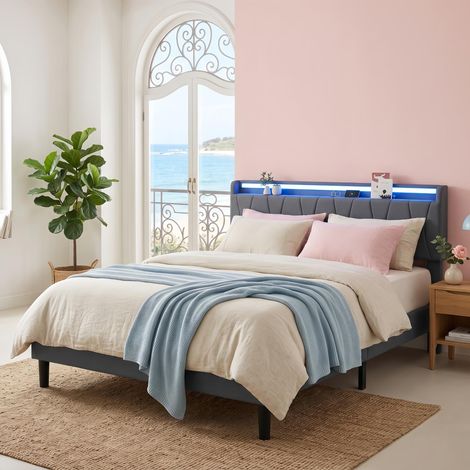 Letto matrimoniale imbottito 160x200 cm in tessuto lino grigio - con testiera LED RGB e porte USB Type-C - letto a due piazze con struttura scandinava (1/5)