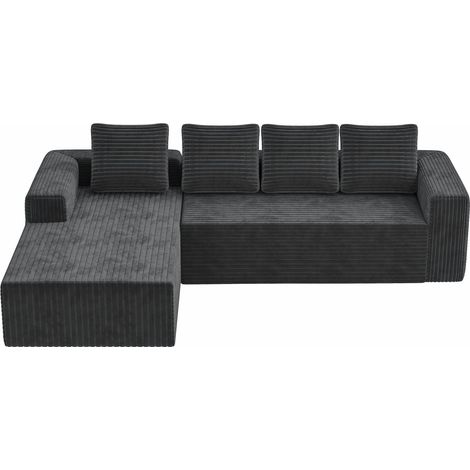 Divano modulare angolare a L con chaise longue destra in velluto a coste grigio MODENUIT (1/5)