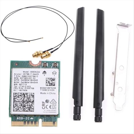 Il s'agit d'un kit de bureau sans fil double bande 2,4 GHz/5 GHz pour le 9560NGW, comprenant un adaptateur Wi-Fi M.2 CNVI 802.11ac, un kit d'antenne et la compatibilité Bluetooth 5.0.