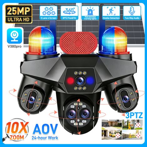 Caméra de surveillance solaire 4G AOV extérieure, 4 objectifs et 3 vues simultanées, PTZ panoramique 360°, 25 MP Ultra HD, vision nocturne couleur,audio bidirectionnel, alarme lumineuse et sonore, san (1/5)