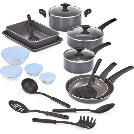 Batterie de cuisine, 21 pièces avec ustensiles, antiadhésifs, sans PFOA, surface de cuisson résistante aux rayures, compatible avec toutes les cuisinières, nylon et aluminium, noir (1/5)