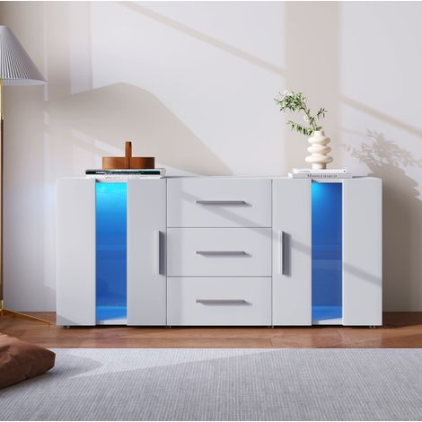 Meuble TV bas avec LED, 140 x 35 x 70 cm, blanc, avec 3 tiroirs et rangements DESVIAE (1/5)