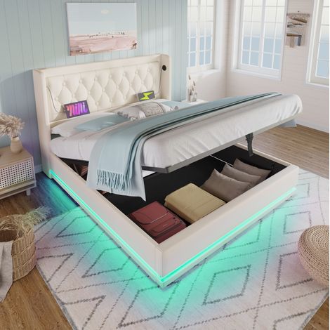 letto contenitore 160x200 con materasso USB LED bianco OKMYHOME (1/5)