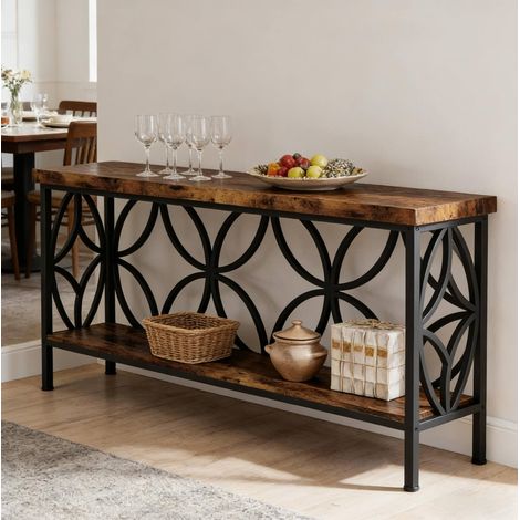 Mesa consola 160x29.5x80 cm negro y marrón rústico en metal y madera con 2 estantes abiertos (1/5)
