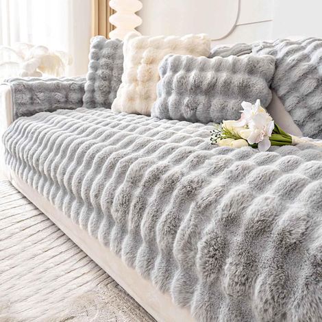 Housse de canapé moelleuse, tapis à poils longs, housse de canapé antidérapante, housse de canapé ultra-douce en fausse fourrure, housse de canapé moelleuse, housse de canapé duveteuse - Gris clair - 