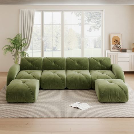 Canapé d'angle modulaire 4 places en U, 2 pouf, tissu Chenille doux, mousse 32D, Aucun assemblage requis, antidérapant, Animaux acceptés, Vert (1/5)