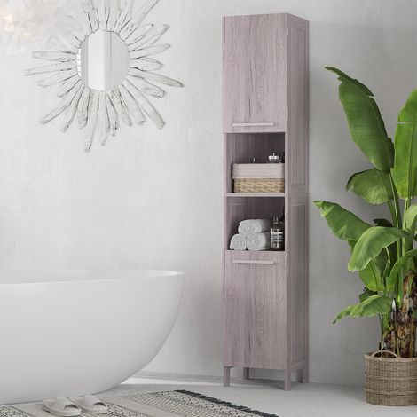 Meuble Colonne Rangement Salle de Bain dim. 30L x 32l x 172H cm 2 placards avec étagère + 2 niches MDF Imitation Bois Gris