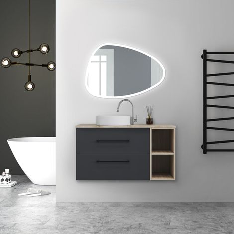 AICA Ensemble de meubles de salle de bain Suspendu avec Vasque + 2 Rangements Ouverts, 100x46x52cm, Miroir 100x80cm Asymétrique Tricolore