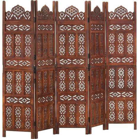 Hand carved 5-Panel Room Divider Brown 200x165 cm Solid Mango Wood vidaXL