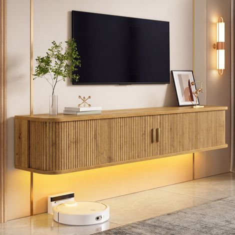 Meuble TV suspendu 175 cm, banc TV mural avec led, 2 portes coulissantes rainurées et compartiments de rangement, design flottant pour salon, chêne (1/5)