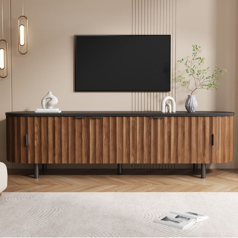 MODFU – Mobile TV 170 cm in MDF noce con 5 ante scanalate, lati arrotondati e piedi in ferro – Noce (1/5)