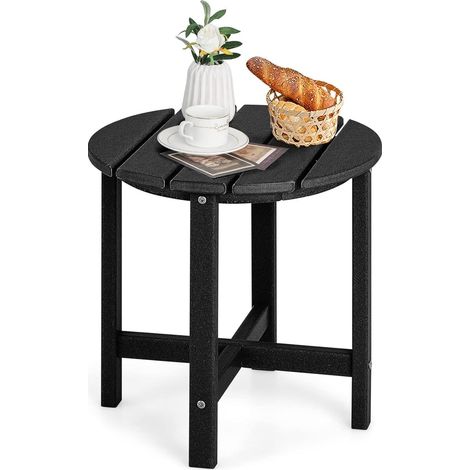 GOPLUS Table Basse de Jardin en HDPE Charge 100KG-Plateau en Lattes Taille Compacte Ronde 46x46x46CM Noir (1/5)