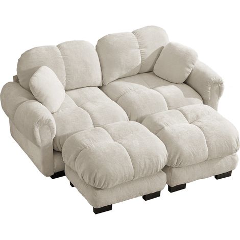 Divano modulare 2 posti in ciniglia, design trapuntato, pouf mobile, beige chiaro MODENUIT (1/5)