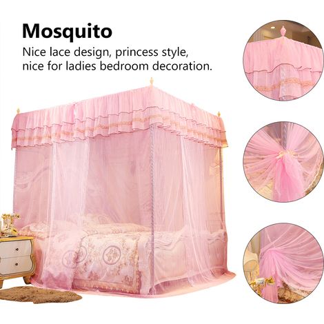 Moustiquaire de lit avec bordure en dentelle, dentelle luxueuse, moustiquaire à 3 portes pour une protection optimale contre les moustiques, rose, cadre non inclus. (1/5)