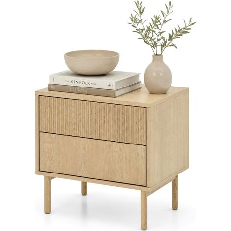 Nachttisch Gase, 2 Schubladen, 1 Regal, Schiebetür, 54x40x55h cm Eiche Braun