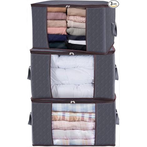 Lot De 3 Sacs De Rangement Pliables Pour Vêtements (Gris), 49 X 36 X 21 Cm, Tissu Non Tissé Imperméable Épais, Adapté Aux Couettes, Vêtements (1/4)
