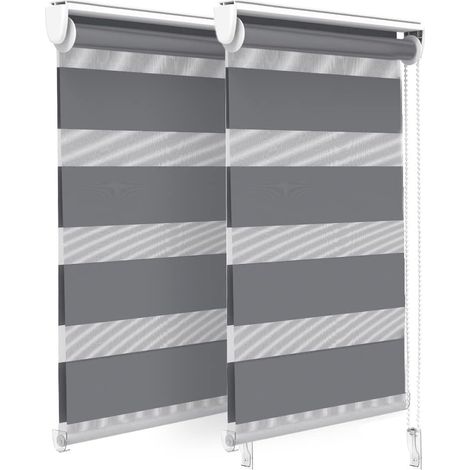 Lot de 2 Store Enrouleur Jour Nuit Tissu Double avec ou sans Perçage 45x150cm Protection de Votre Vie Privée Rideau pour Fenêtres et Portes Store Chambre Facile à Installer avec Clips Gris (1/5)