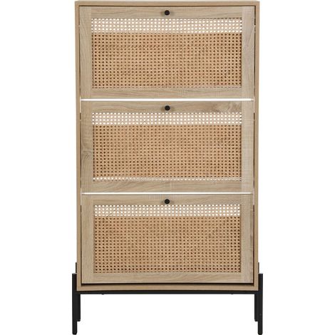 Meuble à chaussures 3 portes en cannage et effet chêne 70 cm - Iris (1/5)