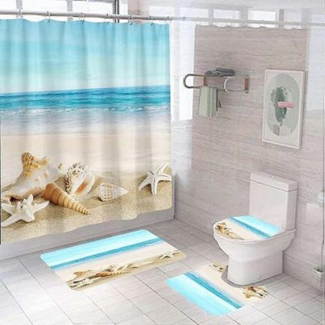 Ensemble rideau de douche en polyester imprimé numérique motif étoiles de mer et coquillages (1/5)