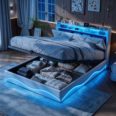 JOOKGBD–Letto a Contenitore 160x200 cm, Letto Matrimoniale Imbottito, Contenitore Idraulico, LED, USB, Testiera con Vano Portaoggetti, Rete a Doghe, Letto Giovanile, Rivestimento Velluto, Beige (1/5)