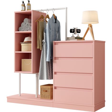 ELVMI Schlafzimmer-Set mit 4 Schubladen, 3 Regalen und Kleiderstange, aus Spanplatte, Rosa und Weiß (1/5)