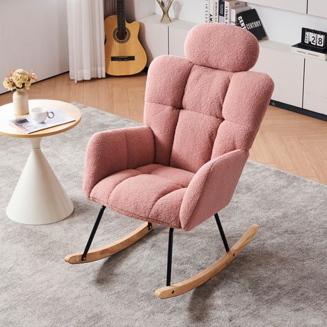 Fauteuil à bascule bouclette rose, assise capitonnée ultra confortable, fauteuil relaxation pour salon, chambre et coin lecture (1/5)