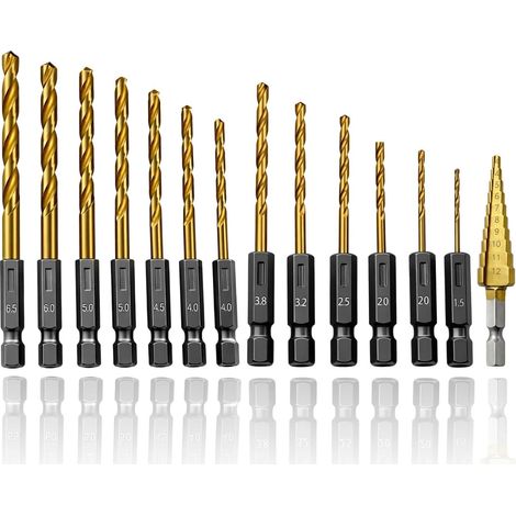 Lot De 10 Forets Hélicoïdaux à Tige Hexagonale En Acier Rapide Avec Revêtement En Titane, Kit Forets Métal 1,5–6,5 Mm + Foret étagé 3–12 Mm, Changement Rapide Pour Perceuse Et Visseuse (1/5)