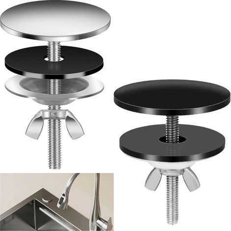 Lot de 2 Cache Trou Evier, Couvercle Trou Robinet Inox, Couvercle Trou Evier Cuisine, Pour Cuisine, Salle de Bain (Argent + Noir) (1/5)