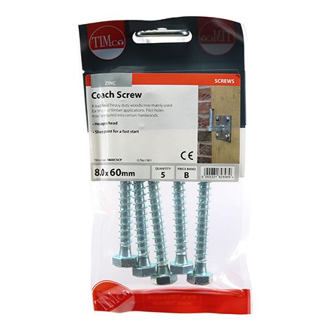 TIMCO Coach Screws Hex Head Silver - 8.0 x 60
