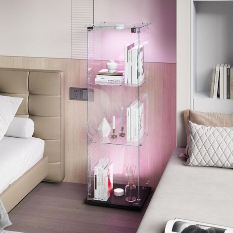 Glasvitrine mit LED-Licht, 3 Etagen, modern, 39,8 x 35 x 123,3 cm, Schwarz (1/5)