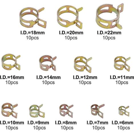 Kit de 120 colliers de serrage à ressort pour tuyaux de carburant, de vide et d'air comprimé, en silicone, de 6 à 22 mm (12 tailles). (1/4)