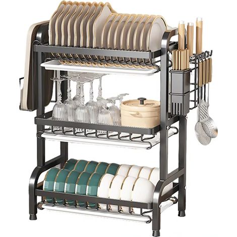 Égouttoir à vaisselle à 3 niveaux grande capacité avec plateau de drainage et support pour planche à découper pour comptoir de cuisine (1/5)