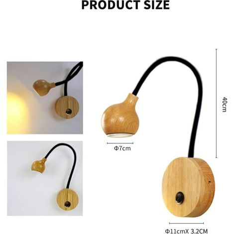 Applique murale en bois avec interrupteur pour lampes de lecture à LED 3 W, éclairage de chambre à coucher, spot mural lumineux 4000 K (1/3)
