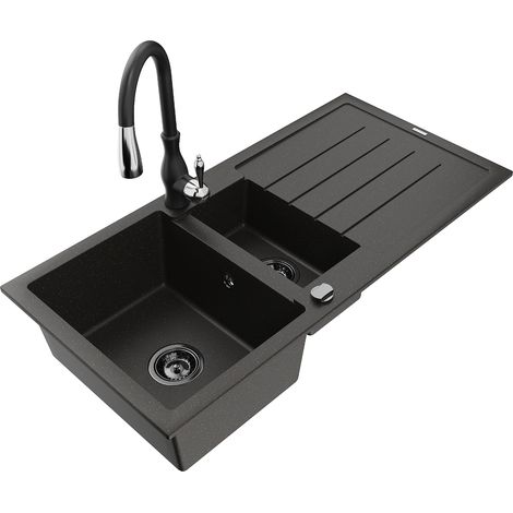 Mexen Andres lavello in granito 1,5 camere con sgocciolatoio e miscelatore da cucina Savita, nero/oro - 6515-75-672601-70-B (1/5)