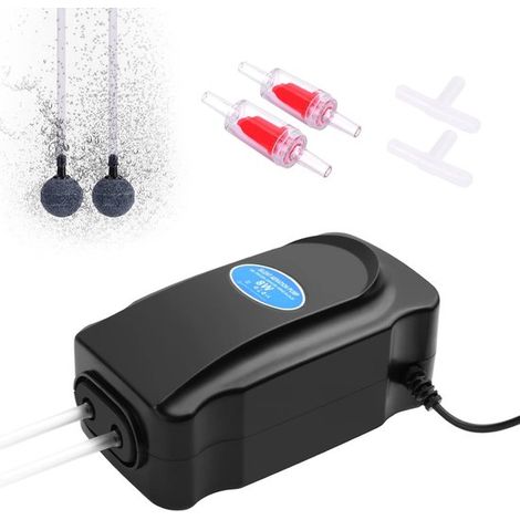 Pompa d'aria per acquario 8 W, potenza regolabile, aeratore per acquario con due uscite per acquari da 5 a 300 litri, estremamente silenzioso, incl. tubo flessibile da 2 m, A (1/5)