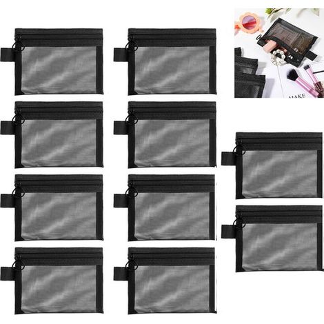 Confezione da 10 sacchetti organizer in rete con cerniera - Accessori da viaggio - Organizer per cosmetici - Rete trasparente - Nylon - 13 x 10,5 cm - Nero (1/5)