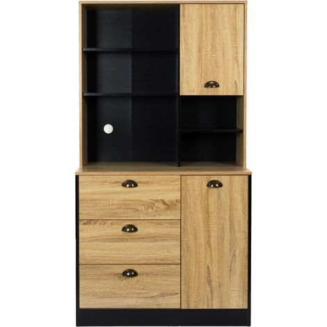 Paris Prix – Buffet de cuisine 169cm en bois et contreplaqué – 3 tiroirs, 2 portes, étagères – Couleur naturel et noir – Passe-câble inclus (1/5)