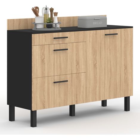 Idmarket – Buffet bas casserolier de cuisine 120 cm – Plan de travail H.83 cm – 1 porte + 3 tiroirs – Finition noir et hêtre