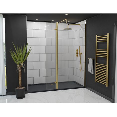 Colore 8mm Clear Glass Brushed Brass 1850mm x 300mm Walk In Hinged Return Shower Screen