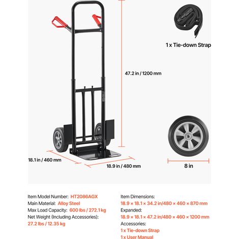 VEVOR Hand Truck, 600 lbs Load Capacity, Heavy-Duty Hand Truck Dolly with Wheels & Telescoping Handle, Portable Trolley Dolly with Tie-down Strap for Moving Home, Office, Warehouse, Supermarket (1/4)
