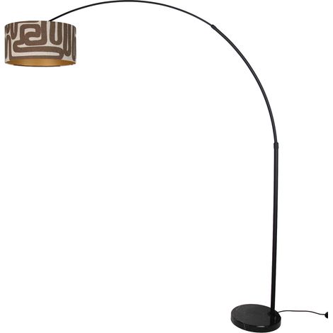 QAZQA Lampada da terra nera con paralume a righe marroni e beige (1/5)