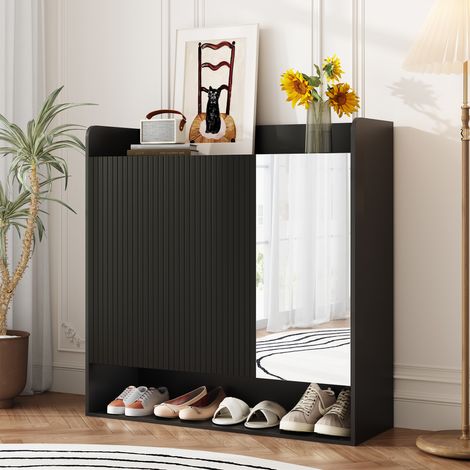 Meuble à chaussures avec miroir et étagères réglables, noir, 110 x 35,5 x 110 cm (1/5)