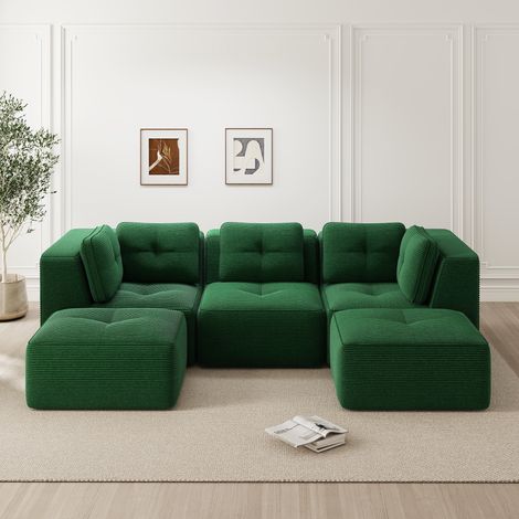 Canapé d'angle 3 places modulable en velours côtelé vert, avec pouf et assise profonde, sans structure, parfait pour séjour, livré assemblé. (1/5)